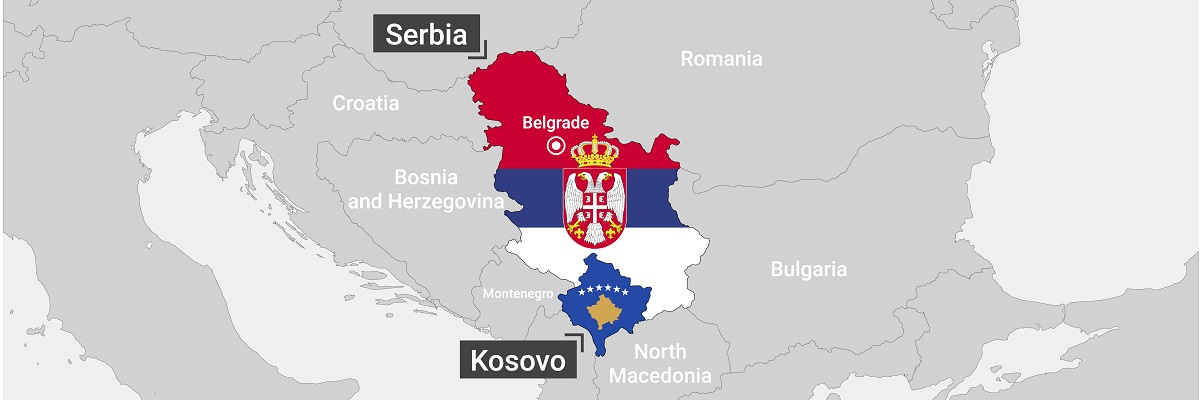 Map of Serbia and Kosovo with flag fills